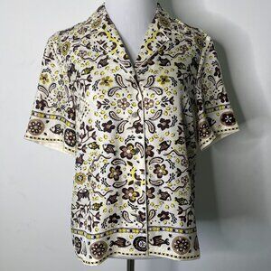 Tory Burch Women's White Brown Button Down Short Sleeve Pattern Shirt Silk 0